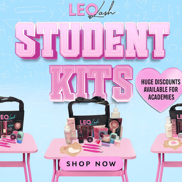 Leo Lash student kits for lash techs displayed on pink desks with lash extension supplies, bag, and shop now banner