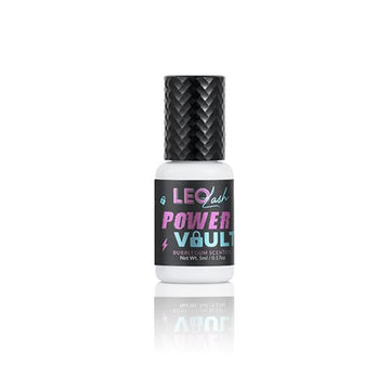 Leo Lash Power Vault lash glue bottle with textured black cap on white background