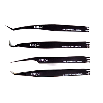 Set of four black Leo Lash tweezers for lash extensions with branded text on handles