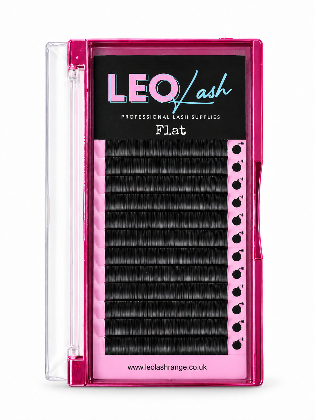LEO lash Flat eyelash extensions in a pink and black tray with a clear outer cover, on a white background.