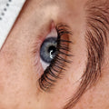Close-up of blue eye with premium lash extensions from Leo Lash Range