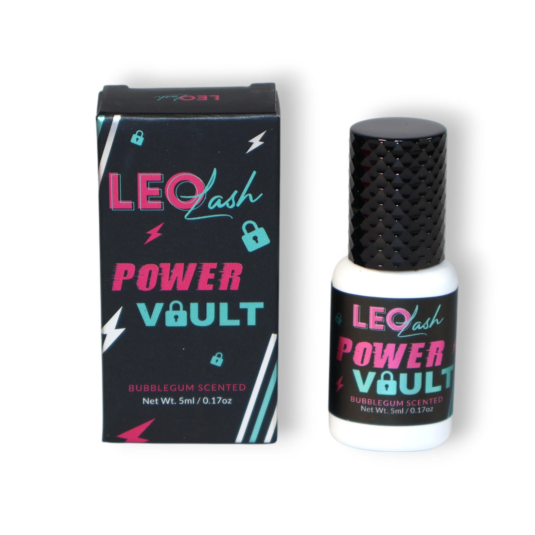 Leo Lash Power Vault lash glue bottle and packaging, premium bubblegum scented adhesive