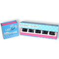 A box of false eyelashes with multiple compartments showing different sizes of lashes.