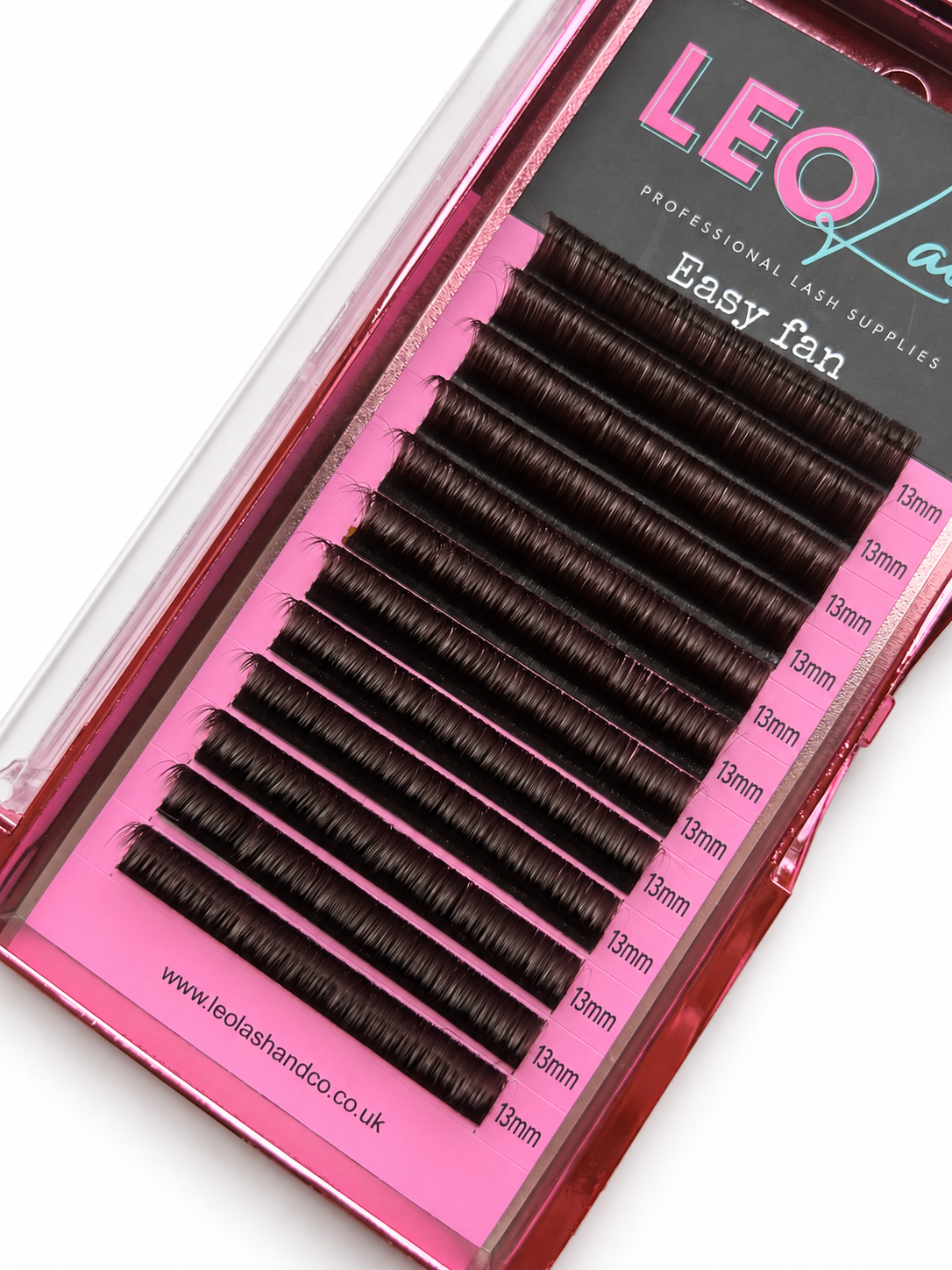 A pack of 13mm false eyelash fans in a clear pink plastic case with a black header card labeled 'LEO lash'.