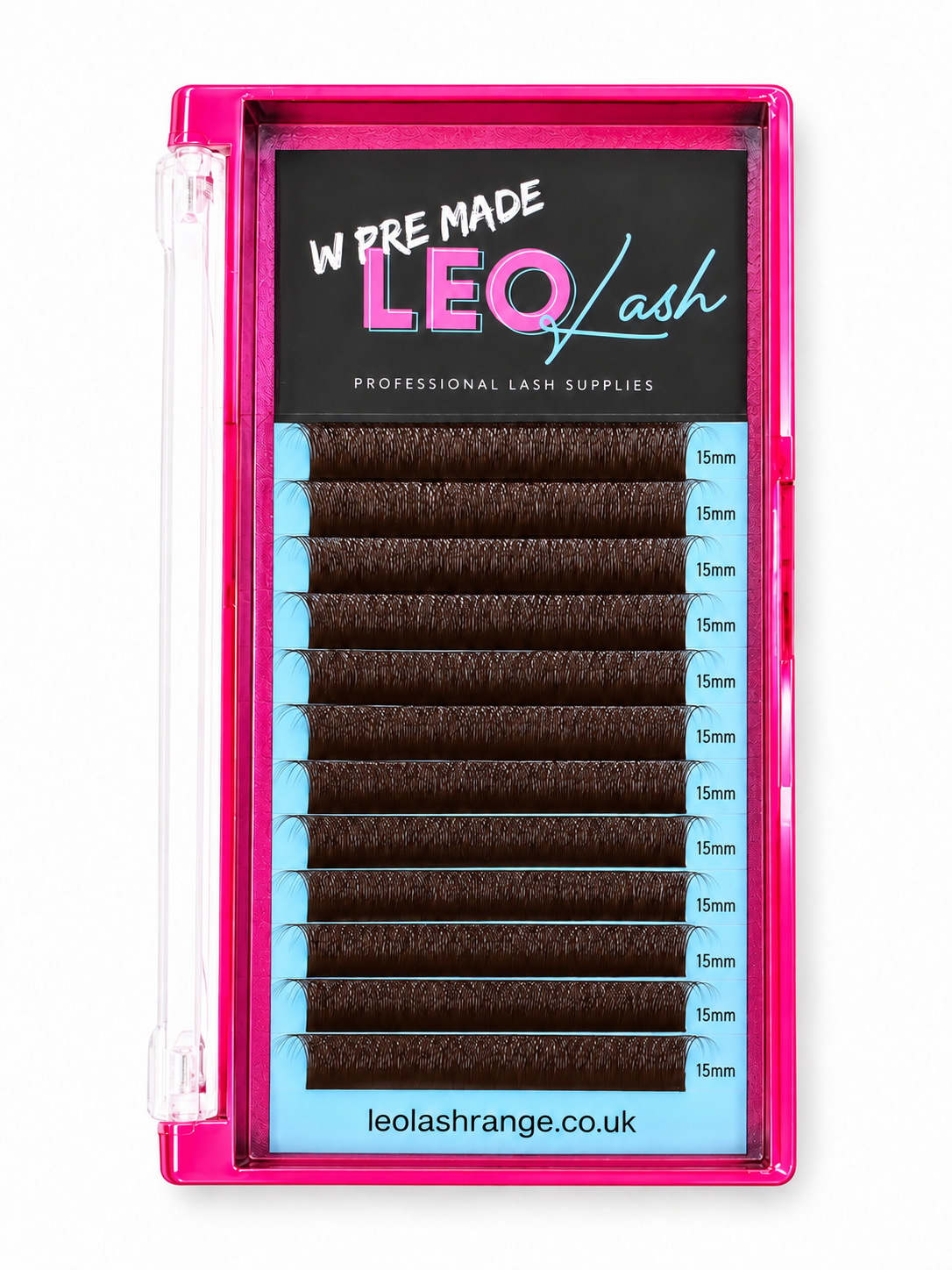 A pack of W Pre Made LEO Lash false eyelash clusters in a bright pink plastic case with a black and blue insert card, shown on a white background.