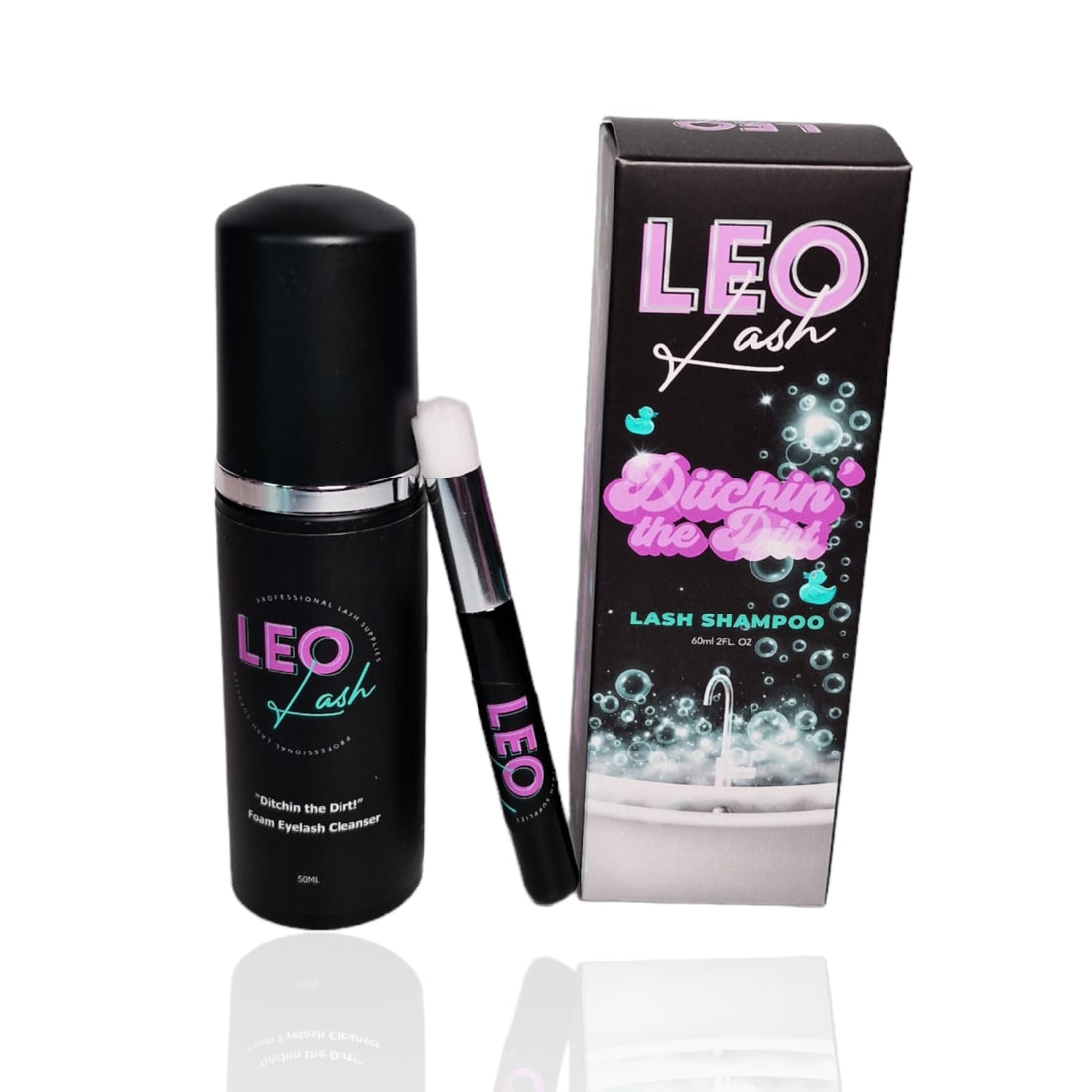 Leo Lash eyelash cleanser, lash shampoo box, applicator brush, and pink fluffy accessory.