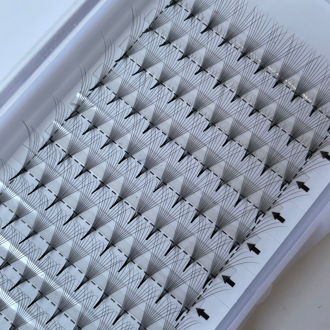 Tray of premium Leo Lash Range lash extension fans arranged in rows