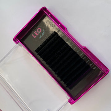 Leo Lash Range premium lash extensions in a pink case on white background
