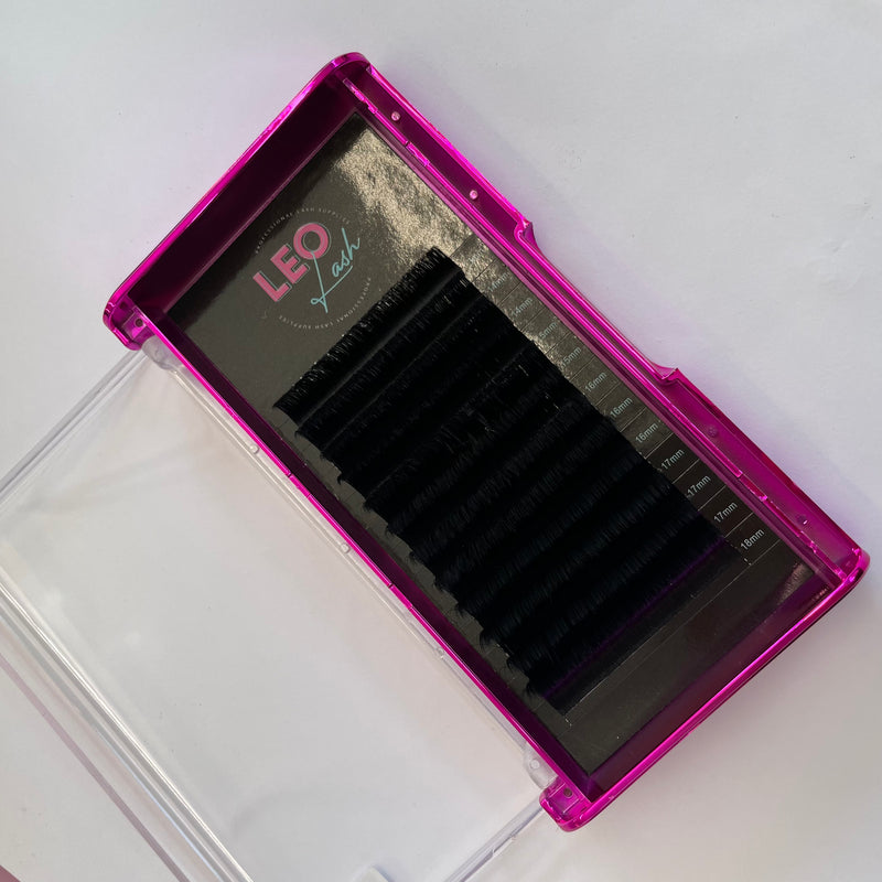 Leo Lash Range premium lash extensions in a pink case on white background