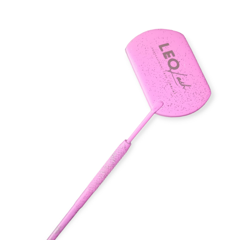 Leo Lash Range pink lash mirror tool with speckled handle for lash extension application