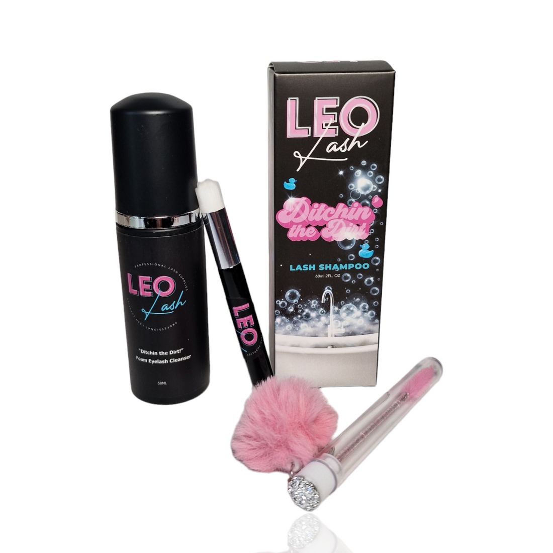 Leo Lash Ditchin the Dirt lash shampoo boxes with pink fluffy tops, premium lash care product