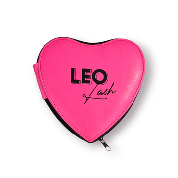 Bright pink heart-shaped Leo Lash pouch for lash extensions and accessories