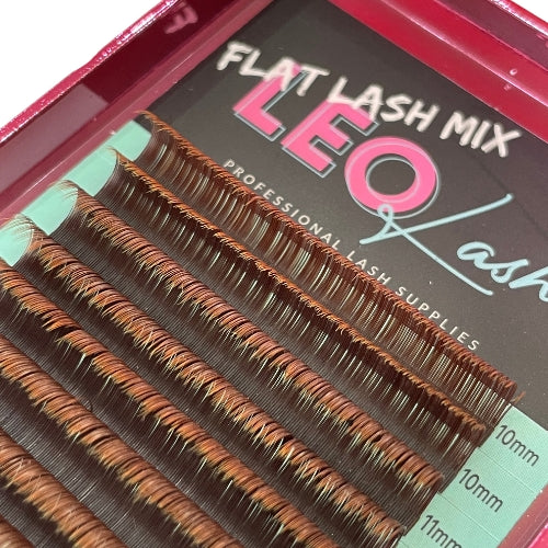 Leo Lash Range flat lash mix brown eyelash extensions in tray, professional lash supplies