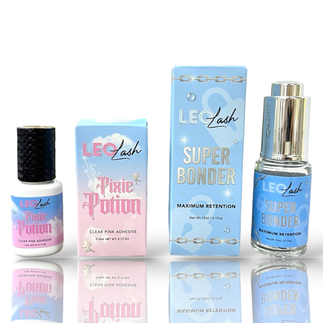 Leo Lash Pixie Potion adhesive and Super Bonder lash extension products with packaging