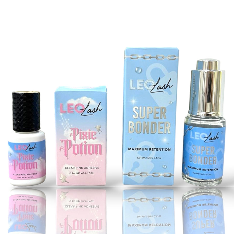 Leo Lash Pixie Potion adhesive and Super Bonder lash extension products with packaging