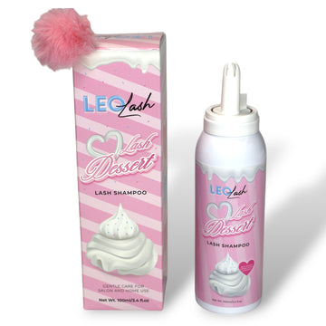 Leo Lash Lash Dessert lash shampoo bottle and box, pink packaging, premium lash care product