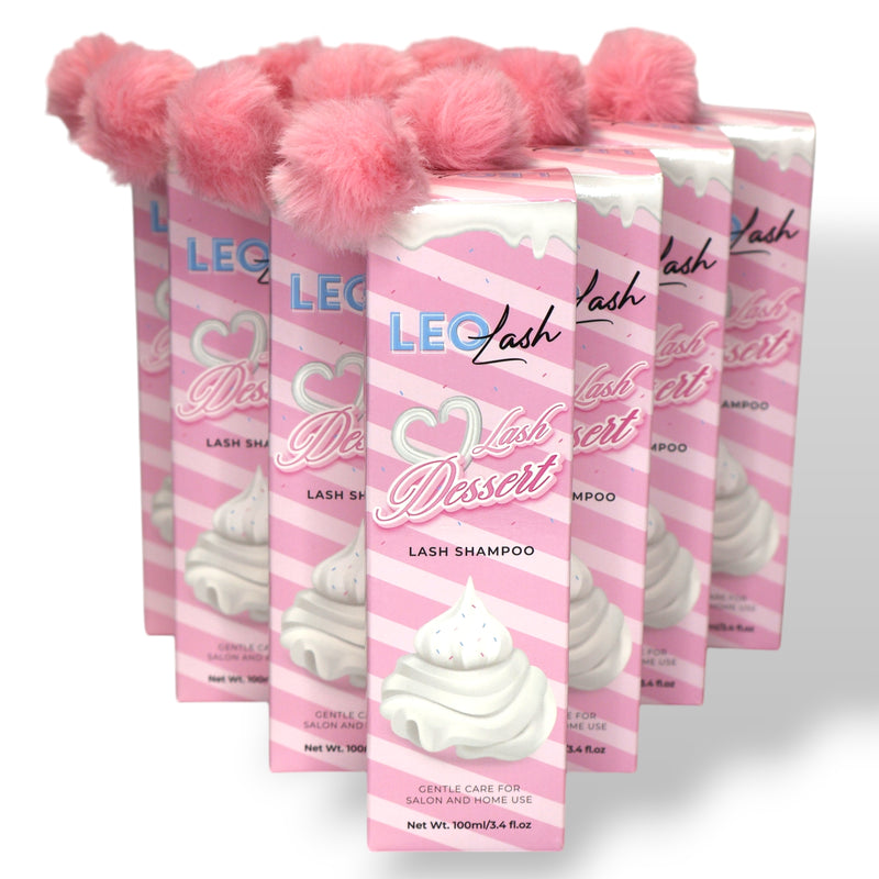 Leo Lash Dessert Lash Shampoo pink boxes with fluffy tops, premium lash care product.