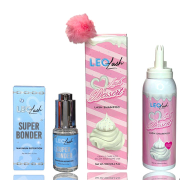 Leo Lash Range lash shampoo and super bonder products with pink and blue packaging, UK lash supplies