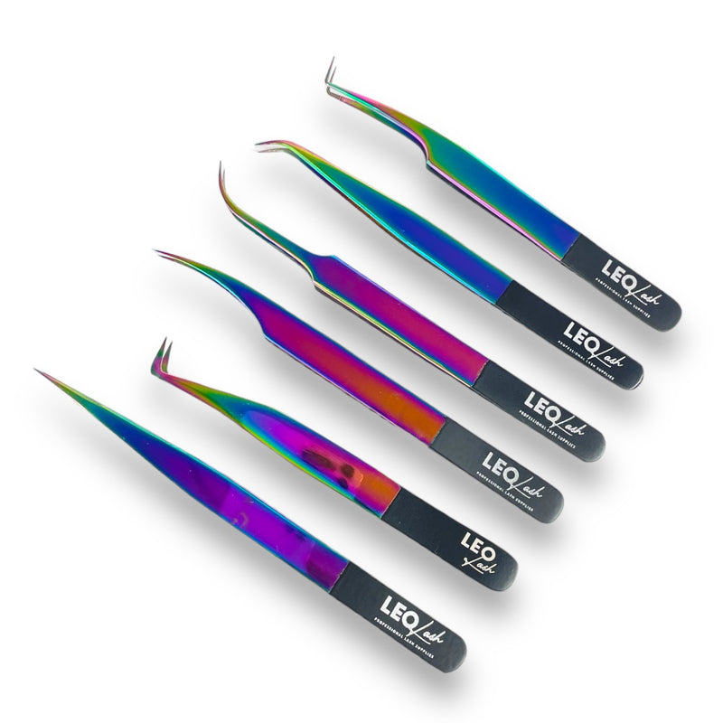 Set of Leo Lash iridescent tweezers for lash extensions on a white background