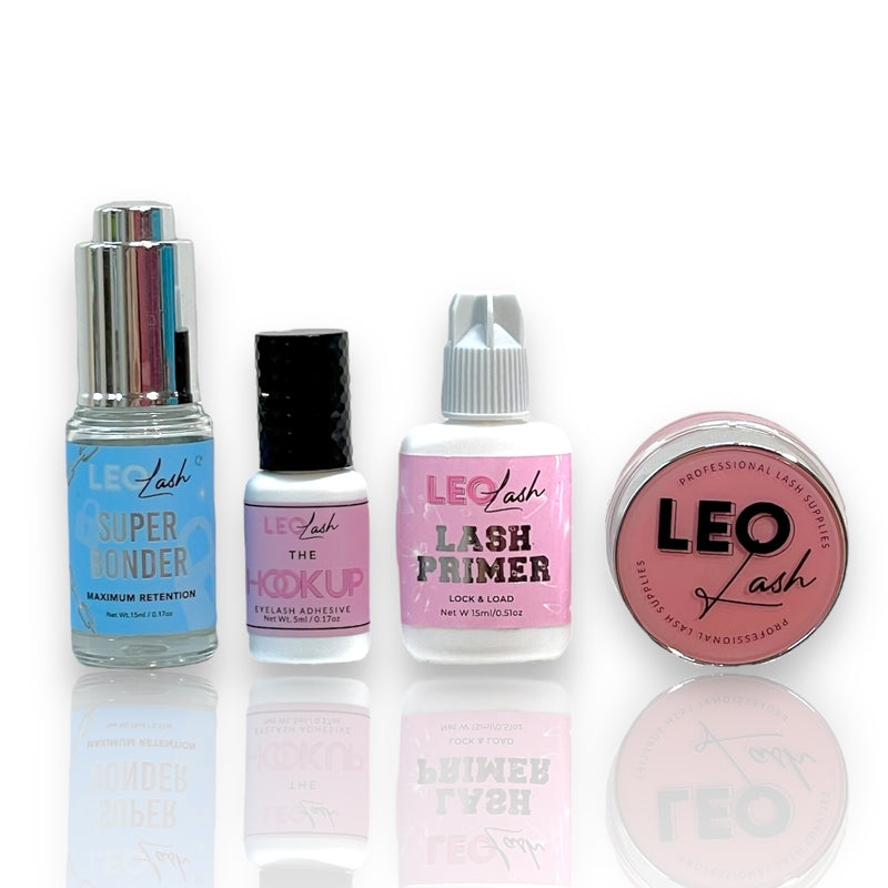 Leo Lash Range lash extension bonder, glue, primer, and accessories set on white background