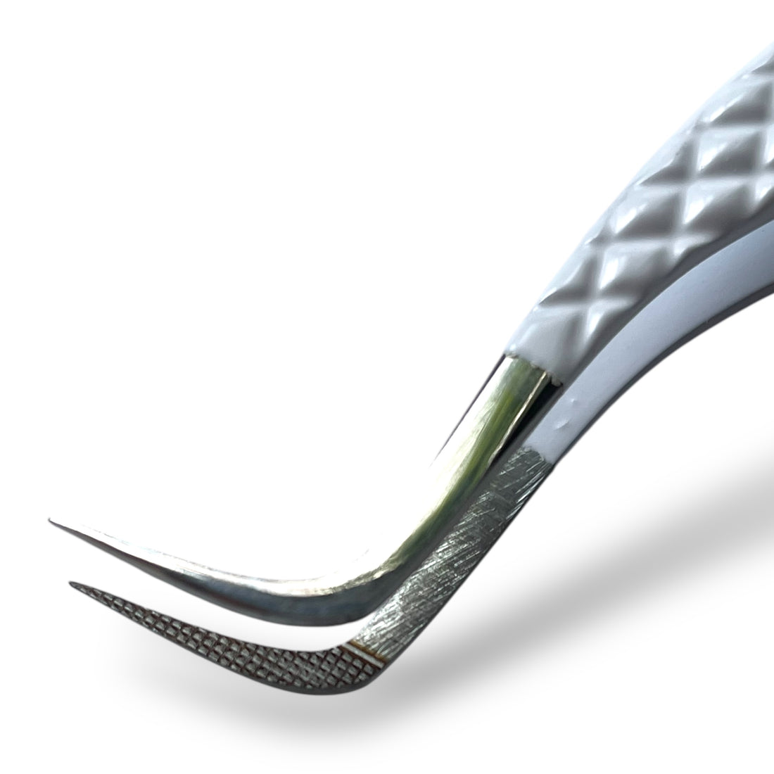 Leo Lash professional lash extension tweezer with textured silver handle on white background