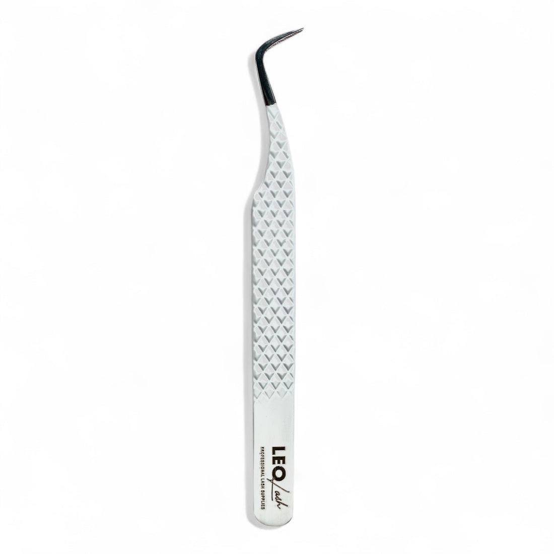 Leo Lash professional lash extension tweezer with textured silver handle on white background