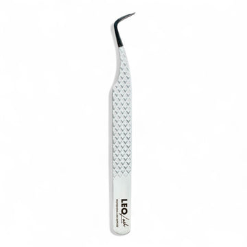 Leo Lash professional lash extension tweezer with textured silver handle on white background