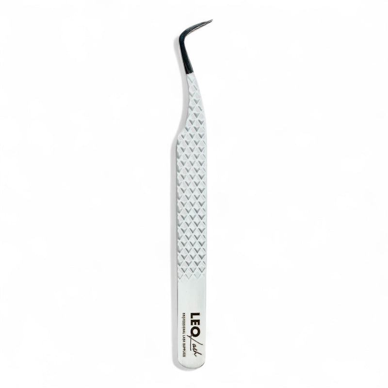 Leo Lash professional lash extension tweezer with textured silver handle on white background