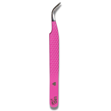 Leo Lash Range pink volume lash extension tweezer with textured handle on white background