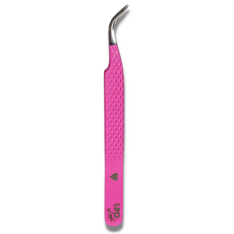 Leo Lash Range pink volume lash extension tweezer with textured handle on white background