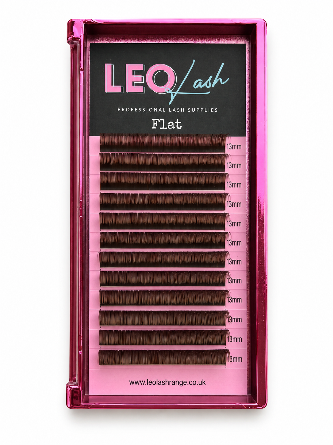 A pack of brown flat eyelash extensions in a metallic pink tray with a black header card labeled 'LEO lash'.
