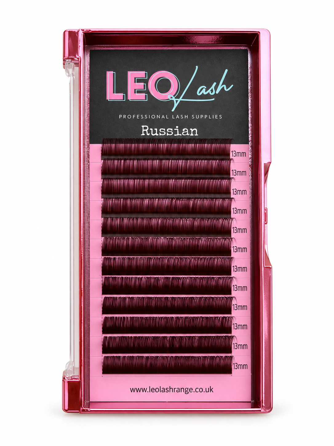 LEO lash Russian false eyelash clusters in a pink plastic tray with a black header card, shown on a white background.