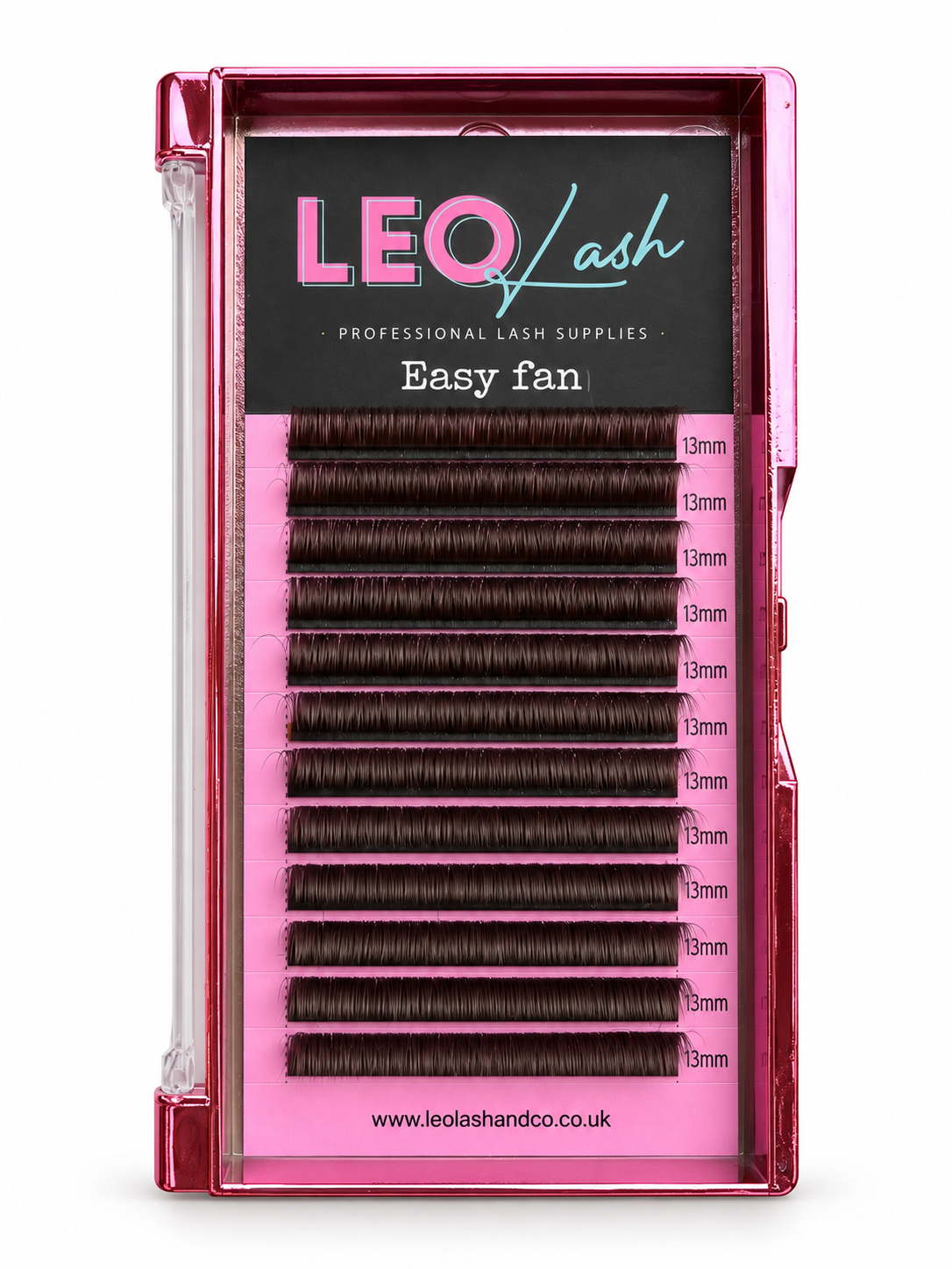 A pack of 13mm false eyelash fans in a clear pink plastic case with a black header card labeled 'LEO lash'.