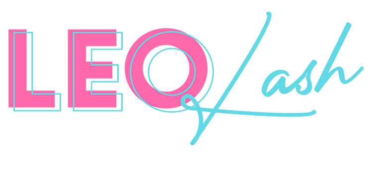 Logo with 'LEO Lash' text in pink and blue on a white background