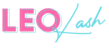 Logo with 'LEO Lash' text in pink and blue on a white background