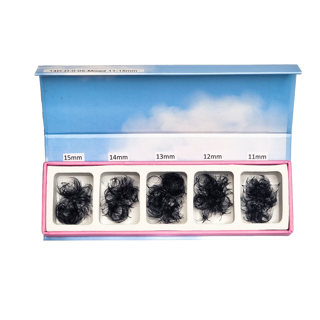 A box of false eyelashes with multiple compartments showing different sizes of lashes.