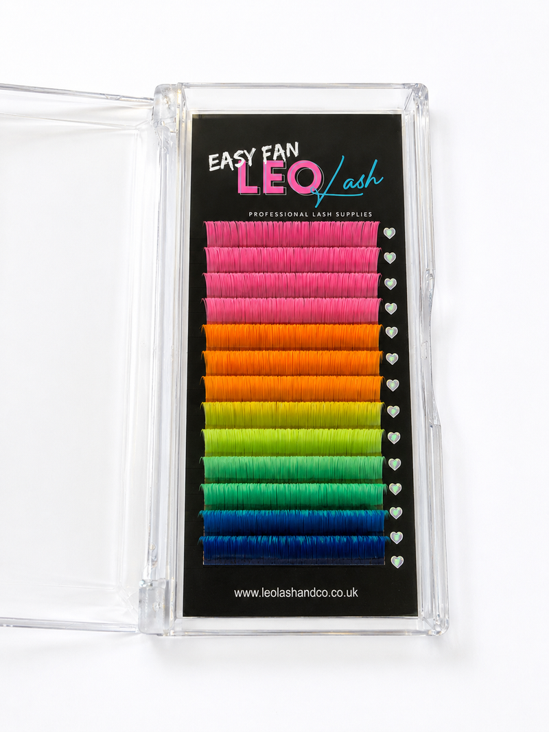 olourful neon Easy Fan eyelash extensions that glow under UV light.
