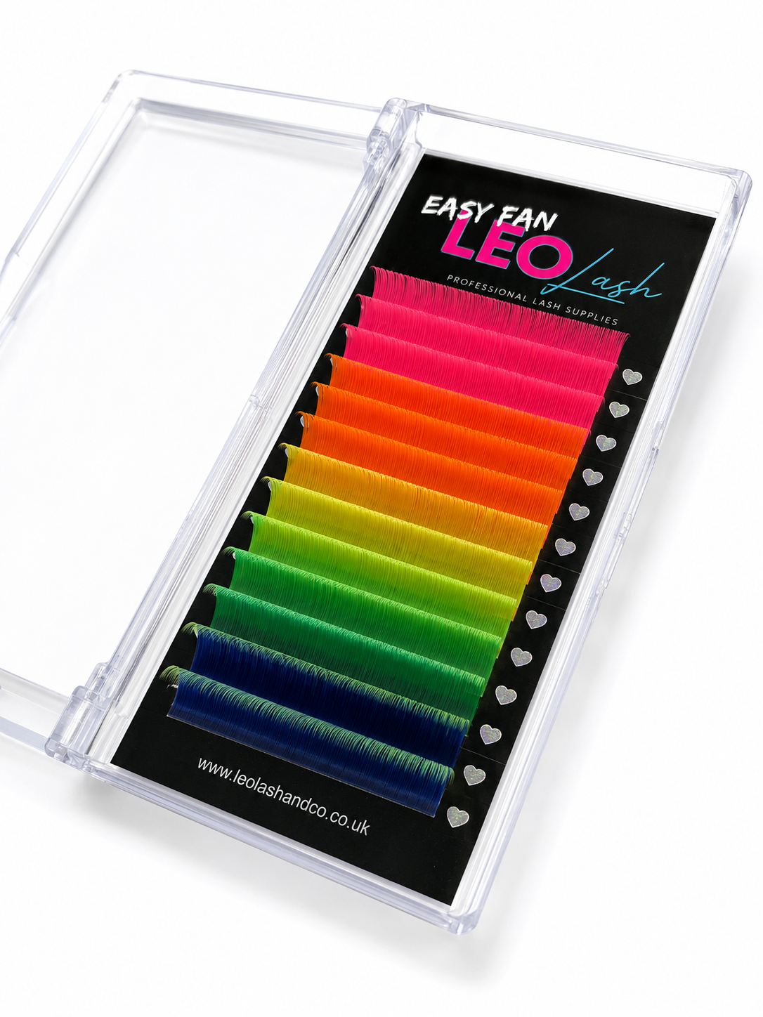 olourful neon Easy Fan eyelash extensions that glow under UV light.
