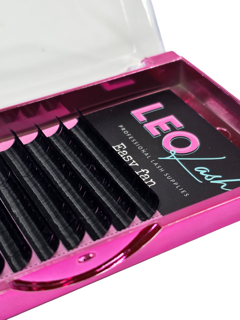 Pink case with false eyelashes and 'LEO' branding on a white background