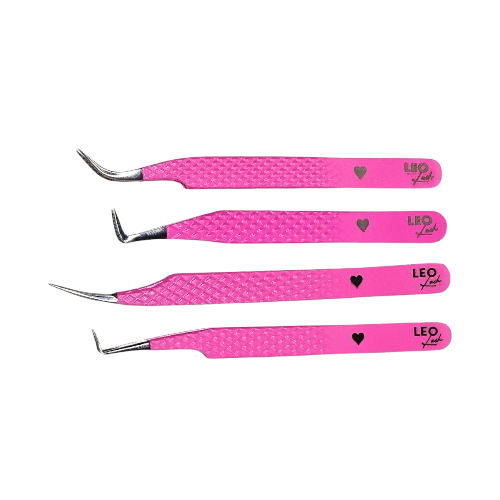 Set of four Leo Lash Range pink lash extension tweezers with textured handles
