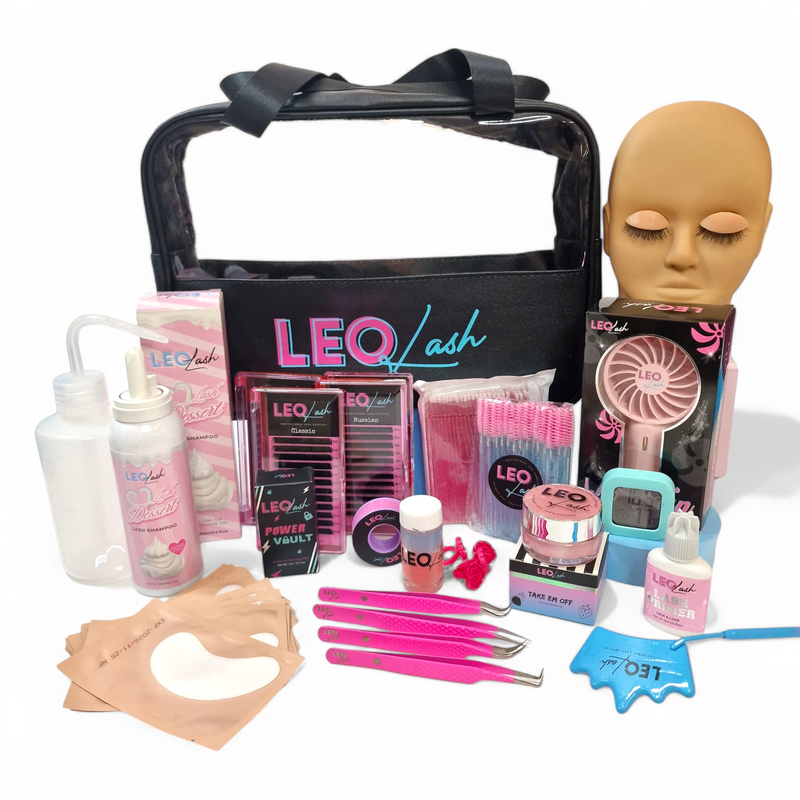 Leo Lash Range lash extension starter kit with tools, mannequin head, and accessories