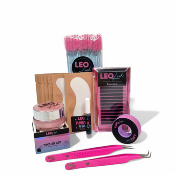 A collection of cosmetic tools and products including eyelash curlers, tweezers, glue rings, under eye pads, and a lash tape.