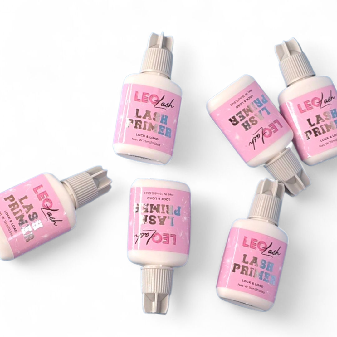 Leo Lash Range lash primer bottle with pink label for lash extension prep