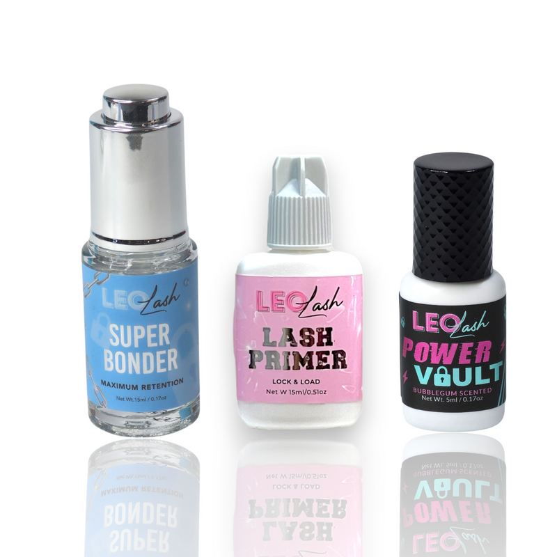 Three bottles of Leo Lash products on a white background