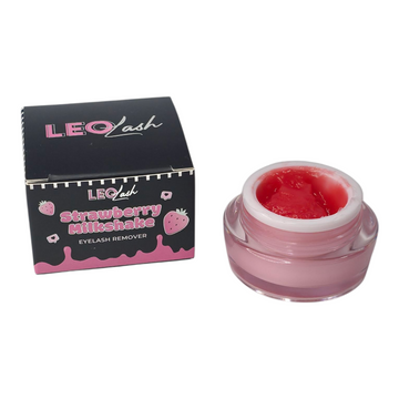 LEO Lash Strawberry Milkshake Eyelash Remover in pink jar and branded box