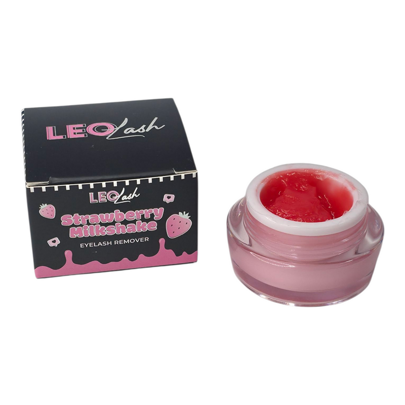 LEO Lash Strawberry Milkshake Eyelash Remover in pink jar and branded box