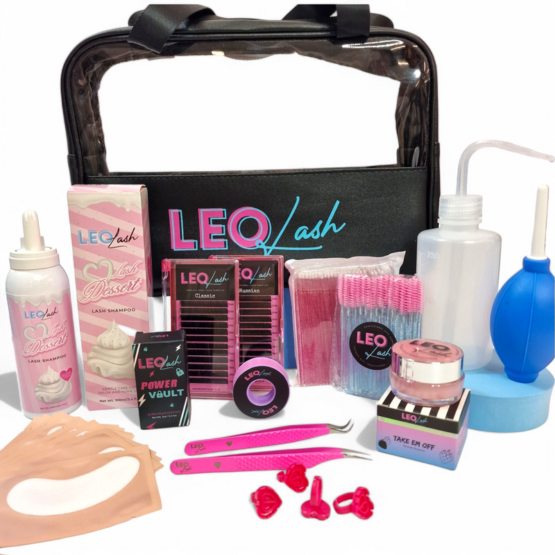 Leo Lash Range premium lash extension kit with glues, tweezers, and accessories in case