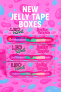 Leo Lash jelly tape boxes stacked on pink bubble background, eyelash extension supply packaging.