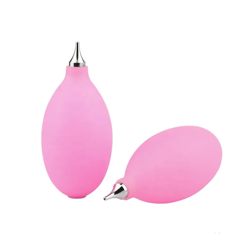 Pink balloon inflator with a silver nozzle on a white background