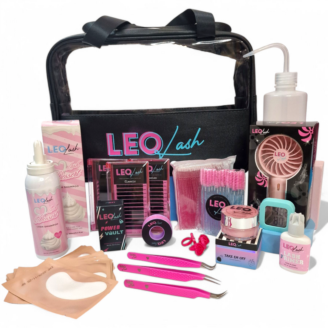 A collection of eyelash extension tools and products by LEO Lash, including a lash bag, tape, gel tape, gel pads, a Swill bottle, an electric fan, mascara wands, a micro pore brush, trays with different eyelash curls, tweezers, a Large Power vault, Remover, cleanser, glue ring, primer, and a Baby hydro meter.
